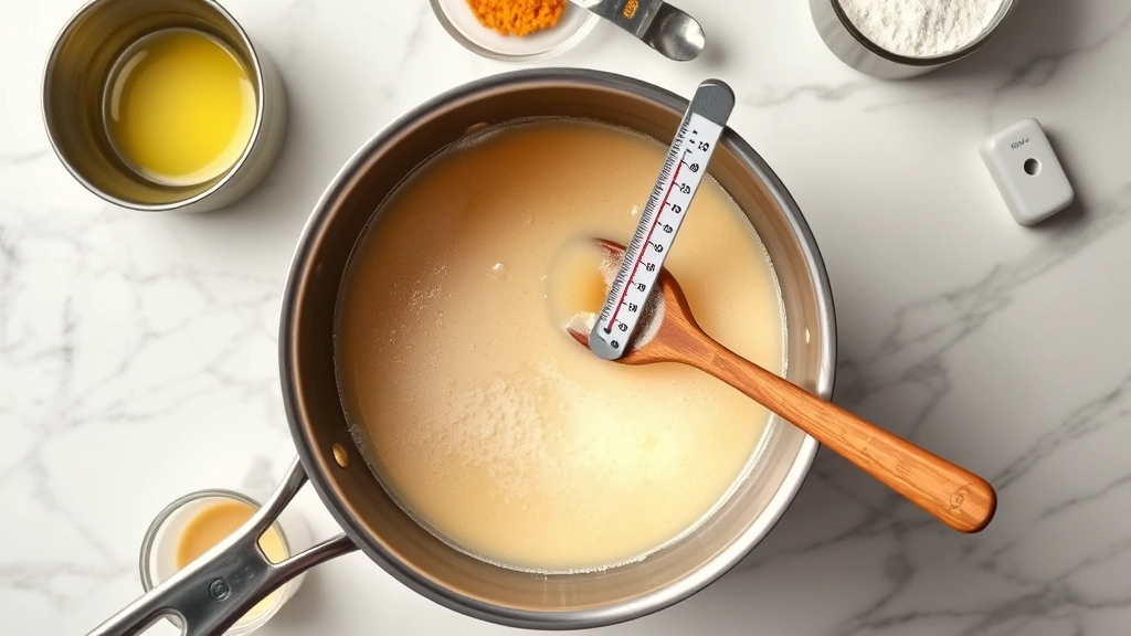 Overhead view of candy-making process showing hot sugar mixture in heavy-bottomed saucepan with candy thermometer inserted, wooden spoon resting on side, measuring cups and ingredients visible around the pan on marble countertop