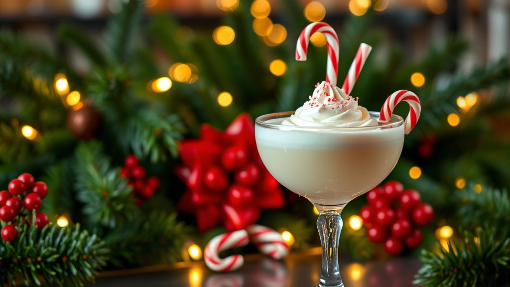 Elegant coupe glass filled with creamy white Christmas cocktail topped with whipped cream and crushed candy cane garnish, surrounded by festive holiday greenery and twinkling lights, professional bar setting