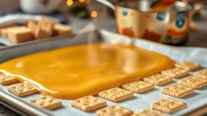 Golden buttery toffee layer spreading over saltine crackers on a parchment-lined baking sheet, steam rising, saucepan visible in background with melted butter and brown sugar mixture, professional food photography, warm holiday lighting, shallow depth of field