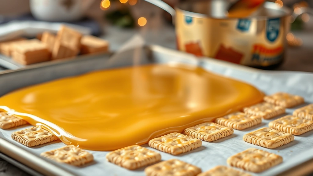 Golden buttery toffee layer spreading over saltine crackers on a parchment-lined baking sheet, steam rising, saucepan visible in background with melted butter and brown sugar mixture, professional food photography, warm holiday lighting, shallow depth of field