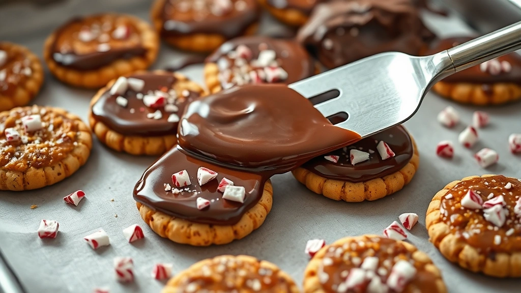 Melted chocolate being spread over warm toffee-covered crackers with an offset spatula, chocolate glistening under kitchen light, crushed candy cane pieces scattered nearby ready to be added as garnish, close-up food photography, steam visible