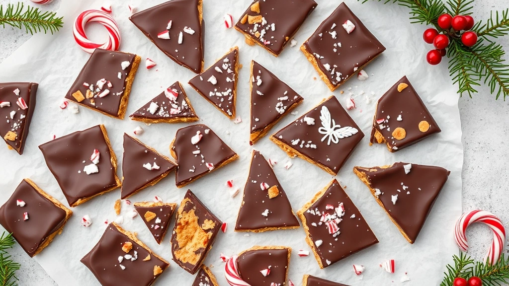 Finished Christmas crack broken into bite-sized pieces arranged on white parchment paper, chocolate coating glossy and dark, some pieces showing layers of cracker, toffee, and chocolate, crushed candy cane garnish visible, styled flat lay with holiday decorations around it, professional food photography, soft natural lighting