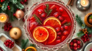 Overhead view of a crystal punch bowl filled with vibrant red Christmas punch garnished with fresh cranberries, orange slices, and cinnamon sticks, steam slightly visible, holiday table setting background
