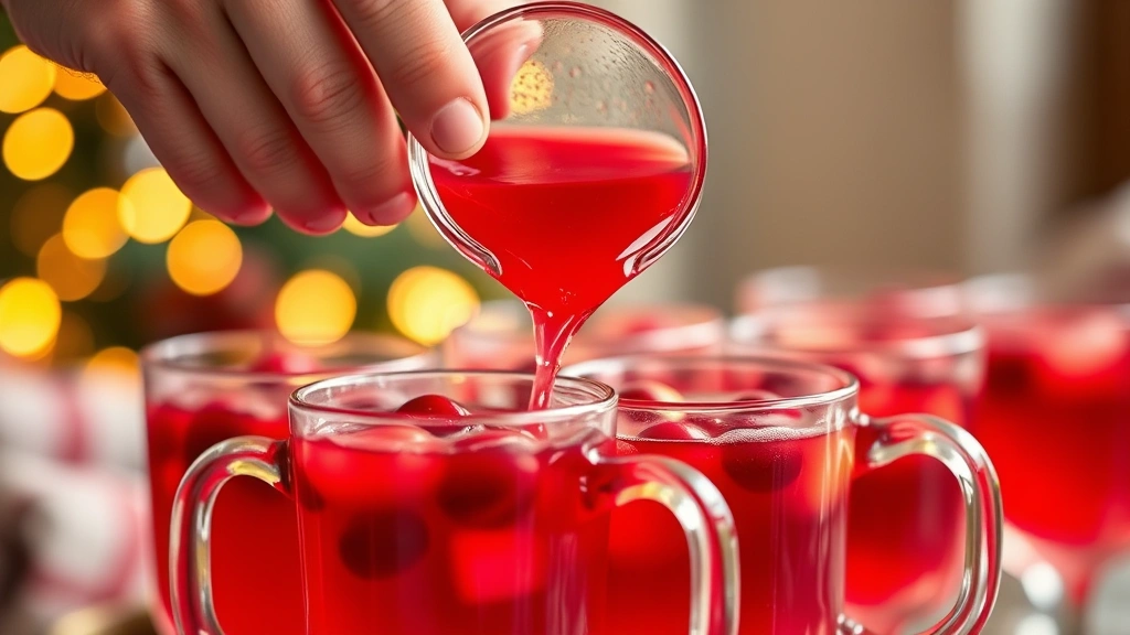 Close-up of hands ladling bright red punch into clear glass cups, with floating cranberries and citrus visible, warm festive lighting, holiday decorations blurred in background