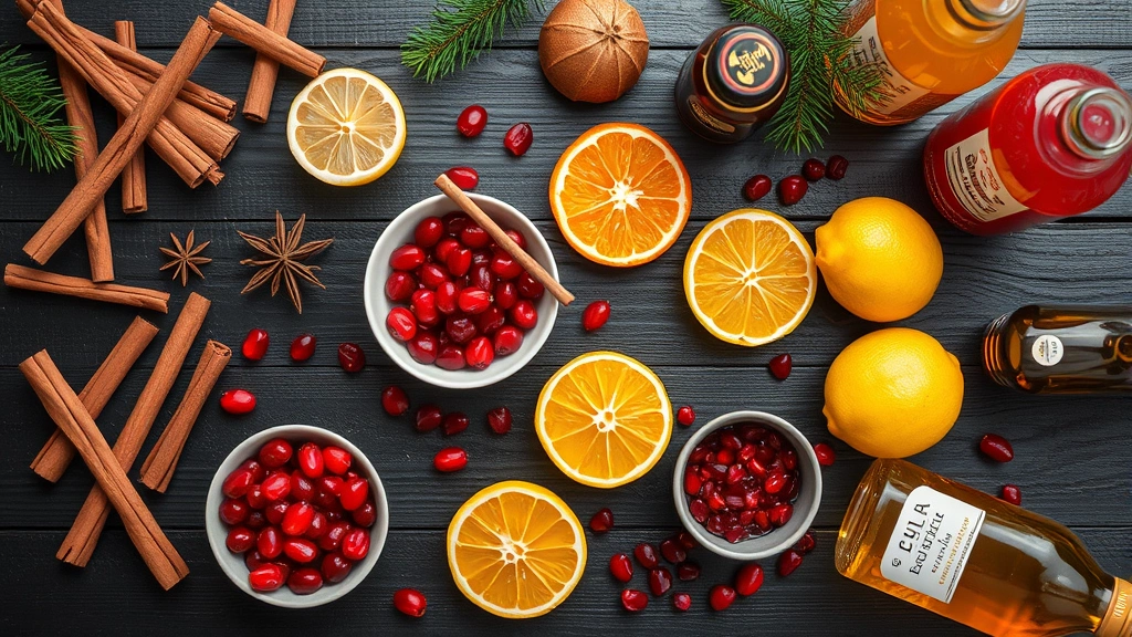 Flat lay arrangement of fresh ingredients for Christmas punch including whole cinnamon sticks, star anise, fresh cranberries, sliced oranges and lemons, pomegranate seeds, and bottles of juice on dark wooden surface