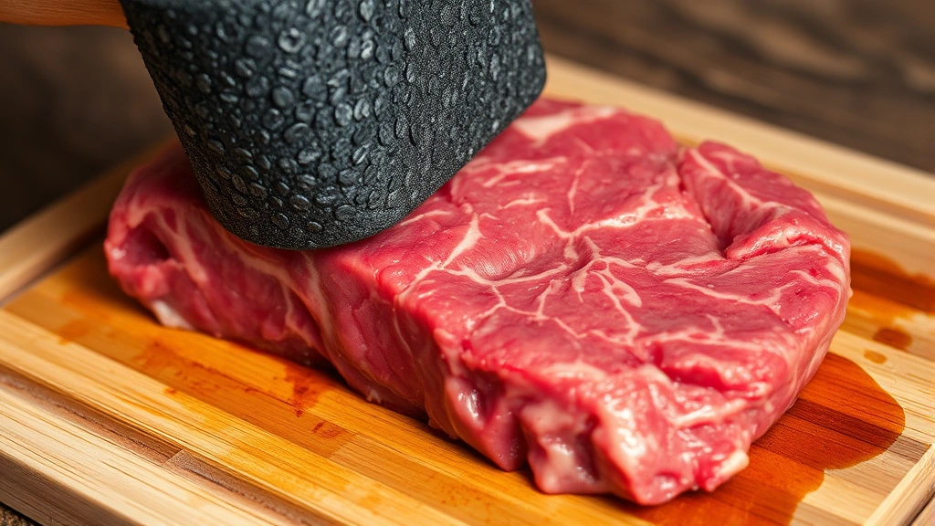 Close-up of raw chuck steak being gently pounded with textured meat mallet on wooden cutting board, showing proper tenderizing technique with controlled pressure