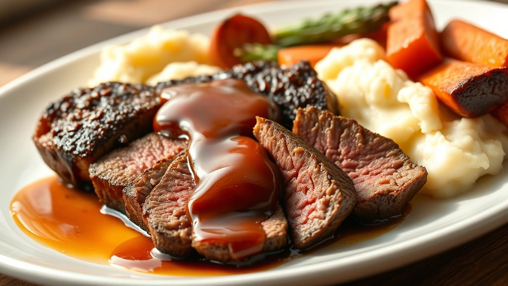 Sliced tender chuck steak on white ceramic plate drizzled with glossy pan reduction sauce, accompanied by creamy mashed potatoes and roasted root vegetables in soft natural light