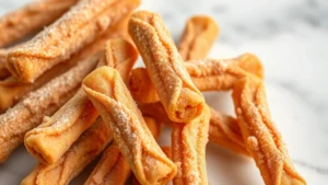 Close-up of golden-brown crispy churro pieces dusted with cinnamon sugar, arranged artfully on a white marble surface with soft natural lighting