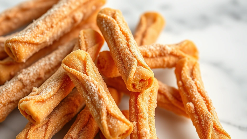 Close-up of golden-brown crispy churro pieces dusted with cinnamon sugar, arranged artfully on a white marble surface with soft natural lighting