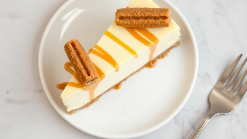 Overhead shot of a slice of creamy cheesecake with a churro crust, topped with a whole churro and caramel drizzle, served on a white ceramic plate