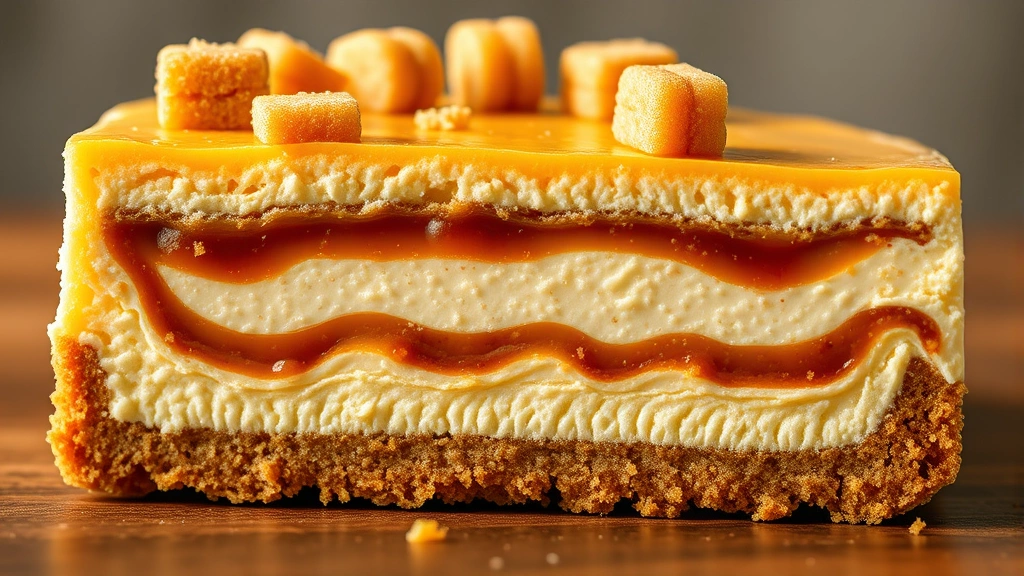 Detailed cross-section view of layered churro cheesecake showing the golden churro crust, creamy filling with caramel swirls, and garnished churro on top
