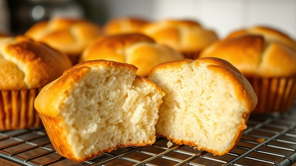 Close-up of fluffy cloud bread muffins with golden-brown tops cooling on a wire rack, showing the airy, light crumb structure inside one broken piece, natural kitchen lighting