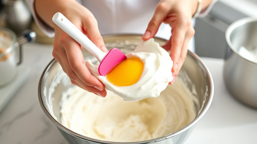 Hands folding whipped egg whites into cream cheese mixture with rubber spatula, demonstrating the technique, bright kitchen counter setting with stainless steel bowl