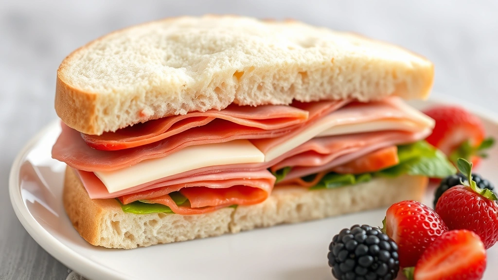 Finished cloud bread sandwich assembled with deli meat, cheese, and vegetables, cut diagonally showing the delicate interior texture, plated on white dish with side of fresh berries