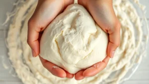 Close-up overhead shot of fluffy white cloud dough being squeezed in hands, showing the soft pillowy texture and how it compresses. Natural lighting from above. Hands visible wearing no jewelry.
