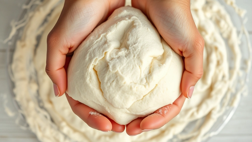 Close-up overhead shot of fluffy white cloud dough being squeezed in hands, showing the soft pillowy texture and how it compresses. Natural lighting from above. Hands visible wearing no jewelry.
