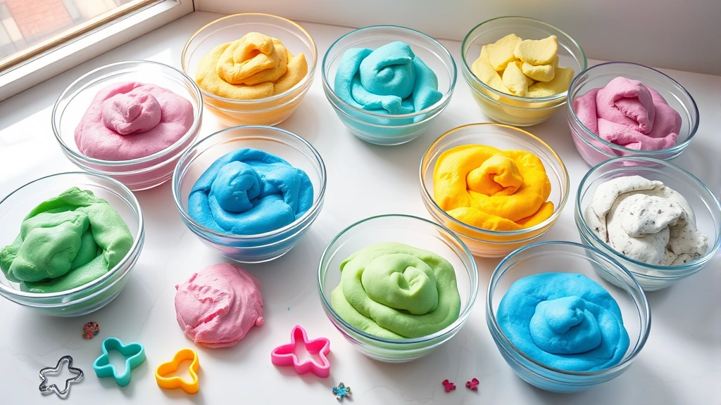 Vibrant flatlay of multiple colored cloud dough batches in separate clear glass bowls—rainbow colors including pink, blue, yellow, green, and purple. Scattered cookie cutters and small toys nearby. Bright natural window lighting.