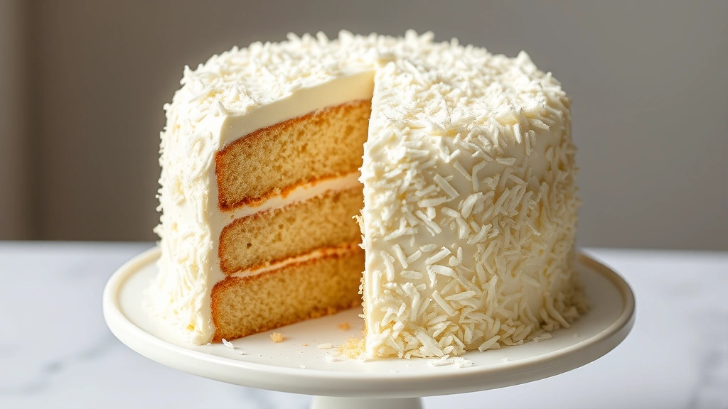 Finished three-layer coconut cake with thick coconut buttercream frosting, shredded coconut coating the sides, slice partially removed showing fluffy interior, on white cake stand with natural lighting