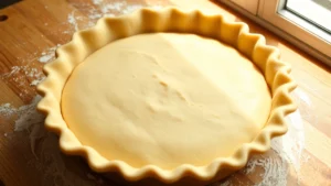 Golden-brown homemade pie crust in a ceramic pie dish, unbaked dough with crimped edges, flour dusting on wooden surface, natural window lighting