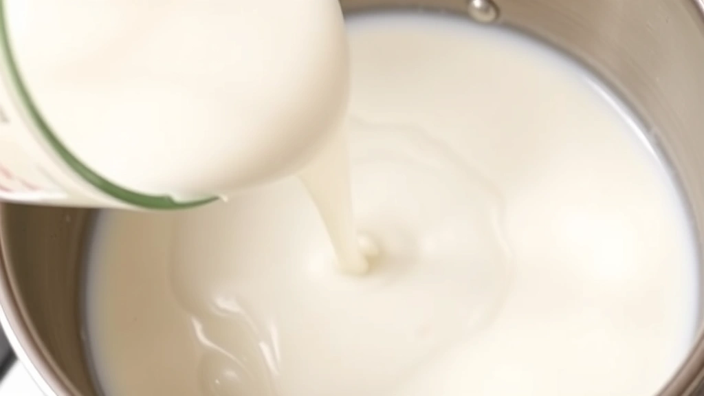 Pouring thick cream of coconut into a saucepan with milk and heavy cream, glossy white liquid, close-up of pouring action, stainless steel cookware
