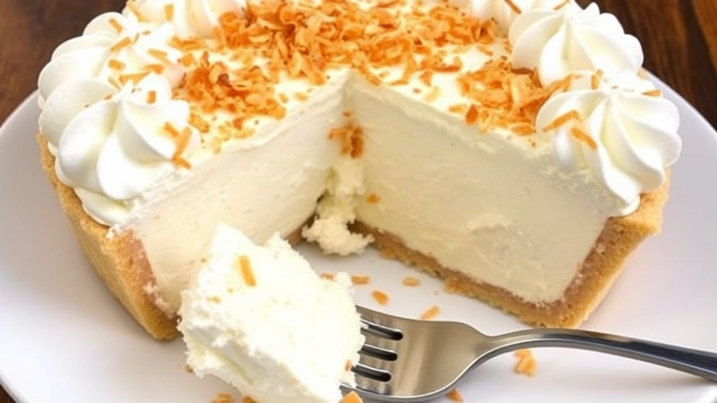 Finished coconut cream pie with billowing whipped cream topping and toasted coconut flakes garnish, slice removed showing layers of crust and creamy filling, served on white plate with fork