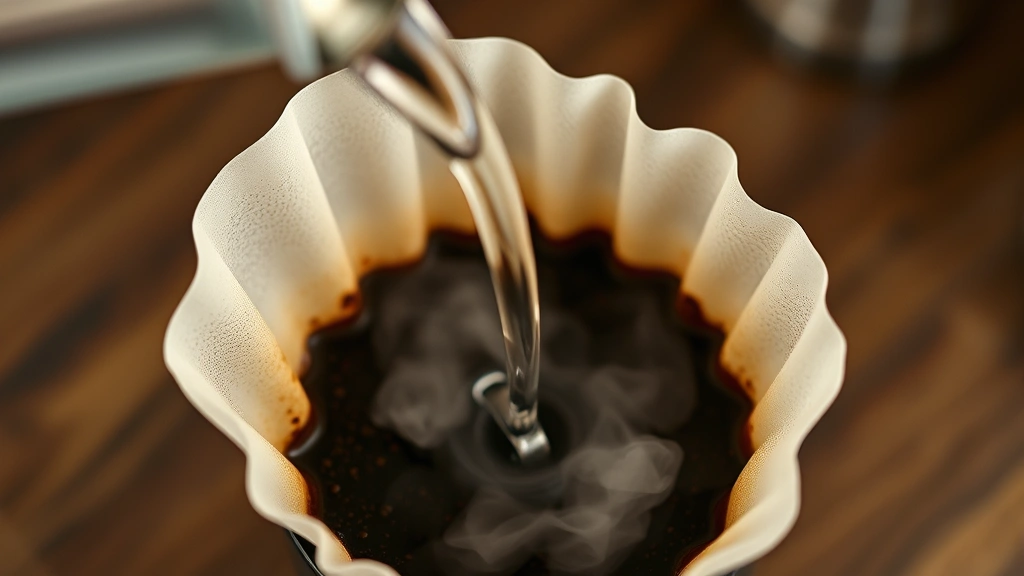 Overhead view of hot water being slowly poured into a pour-over coffee dripper with coffee grounds visible, steam rising from the filter