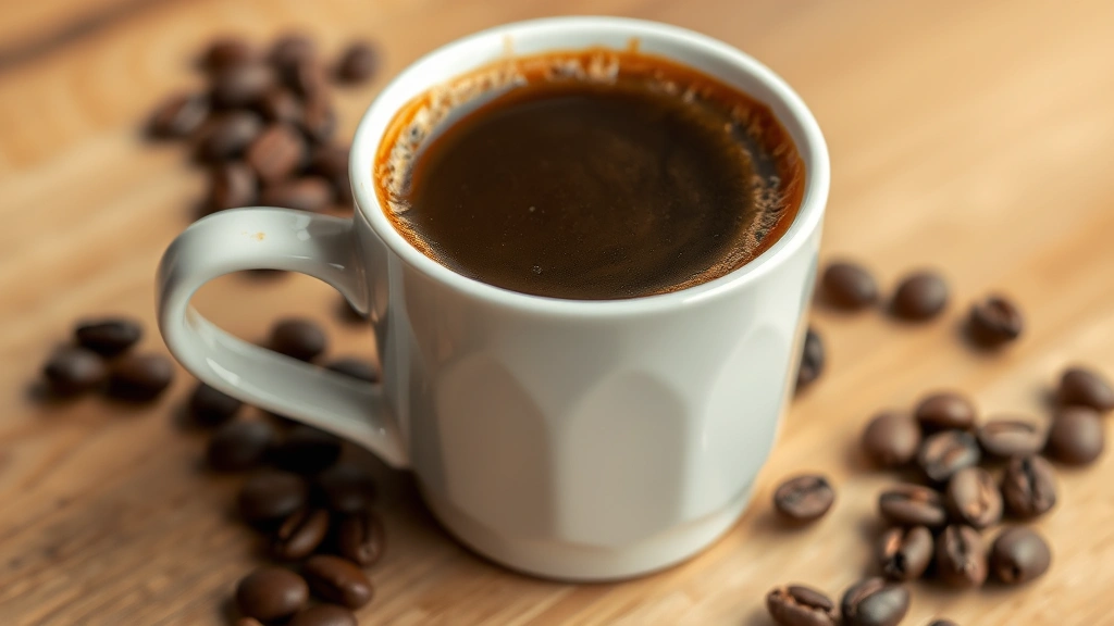 Finished cup of black coffee with perfect crema and rich brown color, sitting on a wooden surface with coffee beans scattered beside it