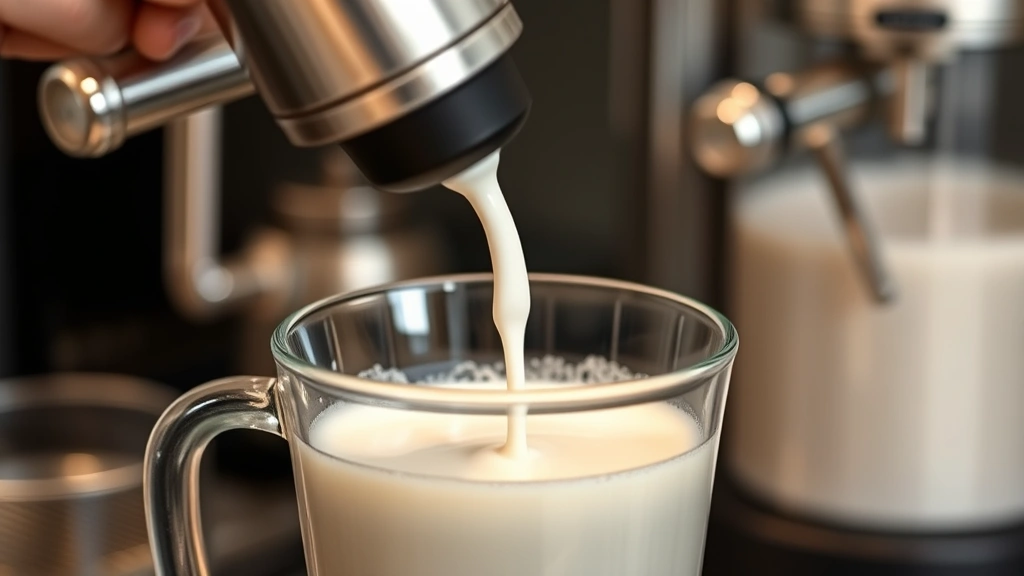 Close-up of electric milk frother whisking cold milk, creating visible foam bubbles rising in a glass pitcher, steam-like foam texture clearly visible, professional barista setting with stainless steel equipment in background
