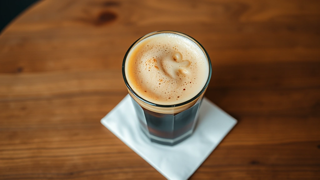 Overhead shot of iced coffee drink with perfectly layered cold foam topping, foam sitting prominently on surface of dark cold brew, glass filled with ice and coffee, minimalist café aesthetic with wooden table