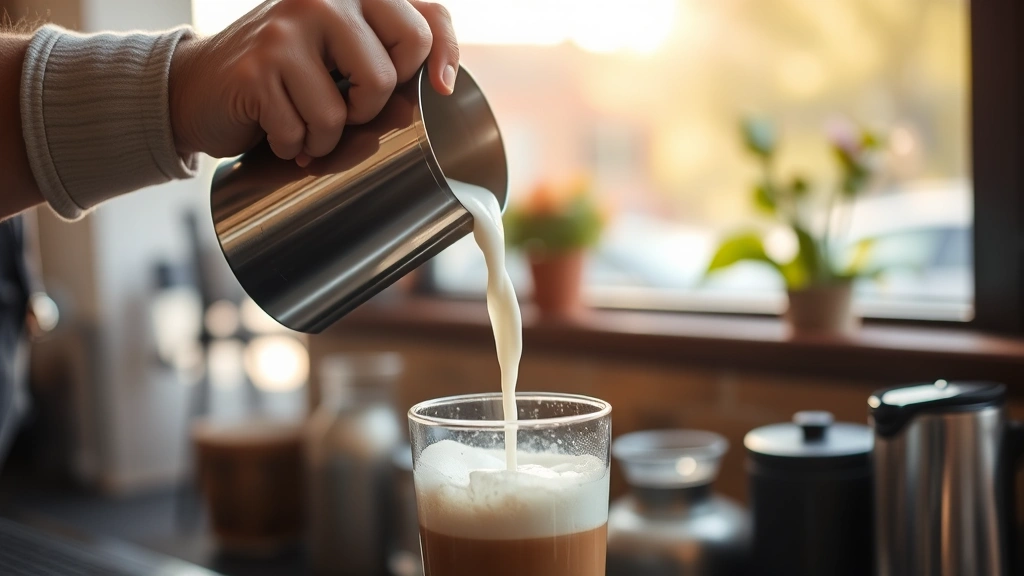 Hands pouring silky cold foam from metal pitcher into glass of cold beverage, foam cascading smoothly, capturing the texture and movement of professional foam pour, morning light through café window