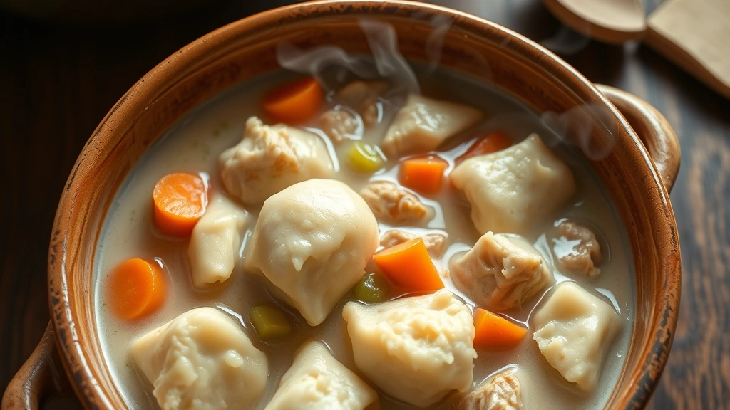 Overhead shot of steaming bowl of creamy chicken and dumplings with fluffy dumplings visible, carrots and celery pieces in rich sauce, rustic ceramic bowl, warm kitchen lighting, steam rising from food, comfort food styling