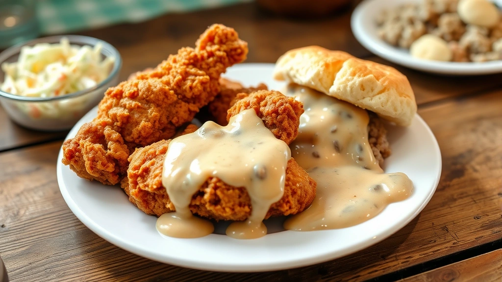 Crusty golden fried chicken pieces on white plate with buttermilk biscuits and creamy sausage gravy, rustic wooden table background, natural daylight, Southern comfort food plating, side of coleslaw visible