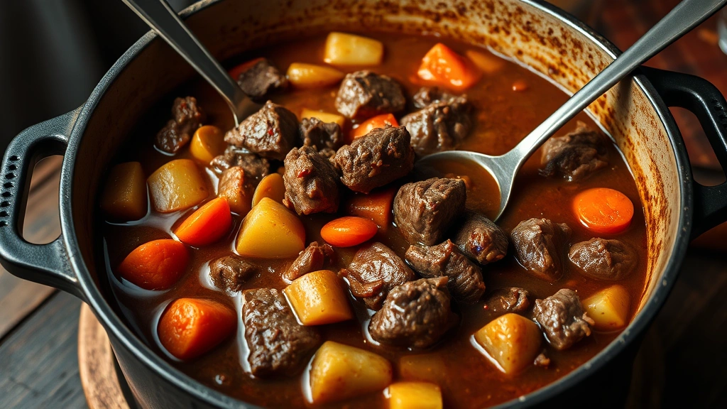 Large Dutch oven pot of beef stew with tender meat chunks, root vegetables including carrots and potatoes, rich brown gravy, ladle resting in pot, warm ambient lighting, hearty meal photography