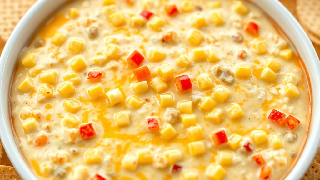 Close-up of creamy corn dip with melted cheddar cheese, fresh corn kernels, and diced red bell peppers visible throughout, served in a white ceramic dish with tortilla chips arranged around it