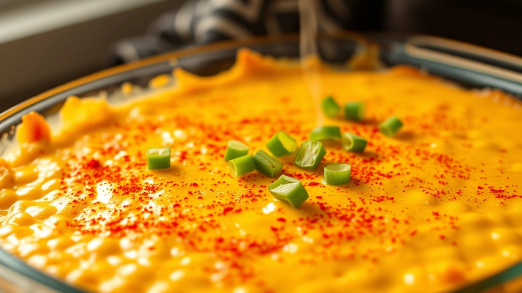 Golden-brown baked corn dip bubbling at the edges in a glass baking dish, garnished with paprika and fresh green onions, steam rising from the surface