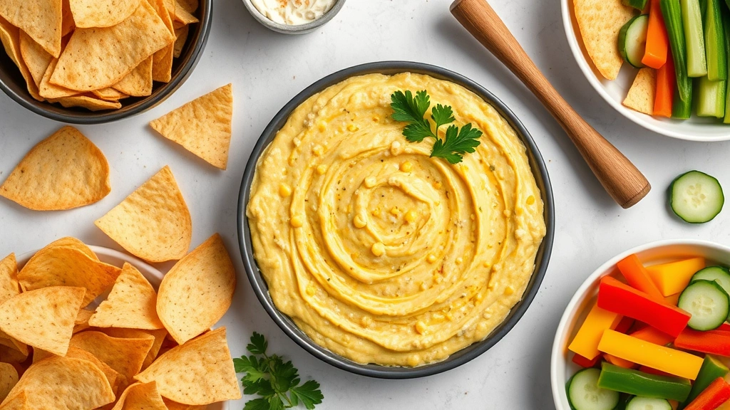 Overhead flat lay of corn dip surrounded by colorful serving options including tortilla chips, pita chips, fresh vegetable crudités with bell peppers and cucumbers, and a wooden serving spoon