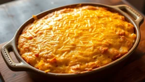 Golden-brown cornbread casserole fresh from oven with melted cheddar cheese on top, bubbling filling visible at edges, steam rising, rustic ceramic baking dish on wooden table