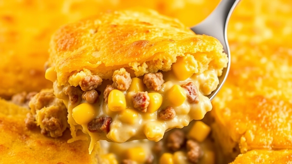 Close-up of cornbread casserole being scooped with serving spoon, showing layers of creamy filling with corn kernels and ground beef beneath golden cornbread topping