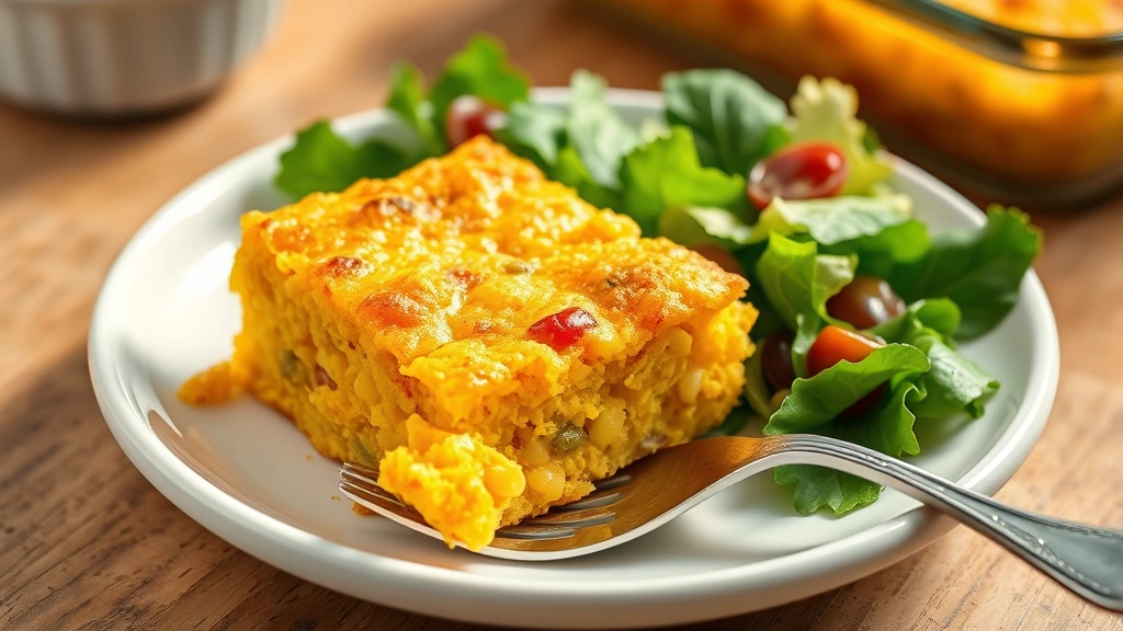 Plated cornbread casserole portion on white ceramic plate with fresh green salad on the side, fork resting on plate, warm lighting highlighting the golden cornbread