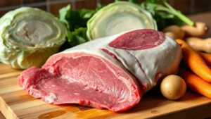 Raw corned beef brisket with visible fat cap on a wooden cutting board next to fresh vegetables including whole cabbage head, potatoes, and carrots in natural kitchen lighting