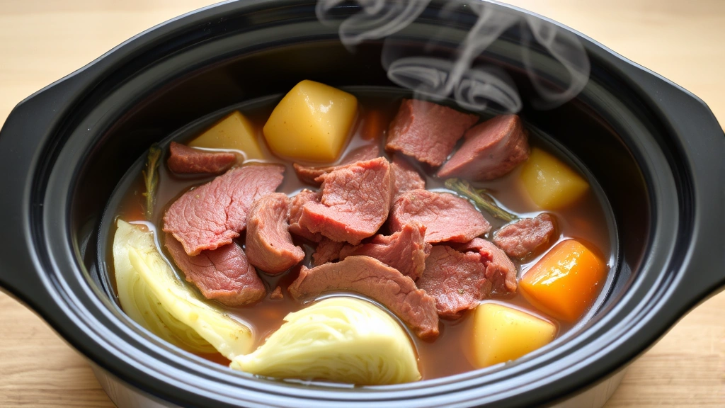 Slow cooker filled with cooked corned beef, tender cabbage wedges, golden potatoes and carrots in savory broth, steam rising from the pot