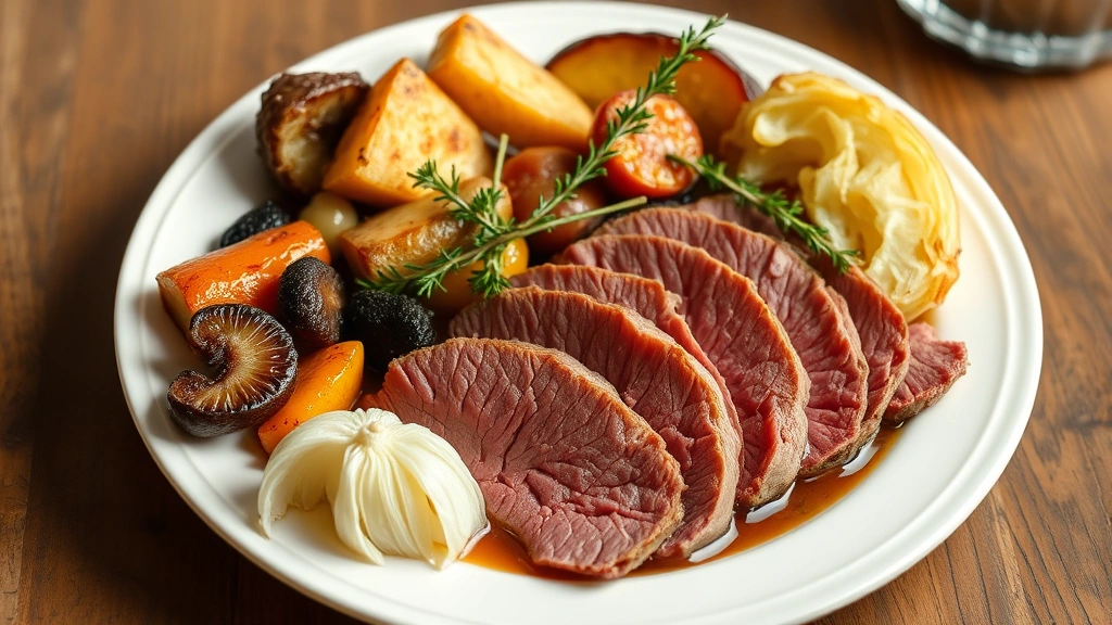 Finished plated dish showing sliced corned beef arranged with roasted vegetables and cabbage wedges on white ceramic plate, garnished with fresh thyme sprigs, warm broth visible