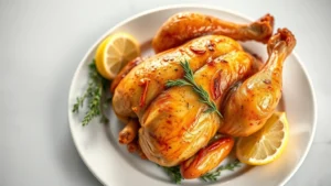 Golden-brown roasted cornish game hen on white porcelain plate with fresh thyme sprigs and lemon wedges, studio lighting, shallow depth of field, top-down angle