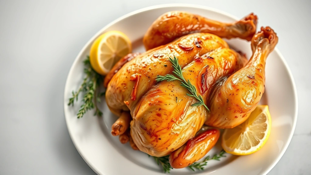 Golden-brown roasted cornish game hen on white porcelain plate with fresh thyme sprigs and lemon wedges, studio lighting, shallow depth of field, top-down angle