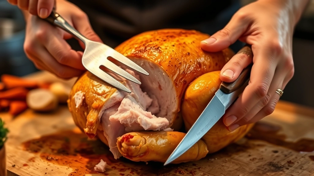 Hands using carving fork and sharp knife to separate thigh from whole roasted cornish game hen, showing proper butchering technique, warm kitchen lighting, close-up detail shot