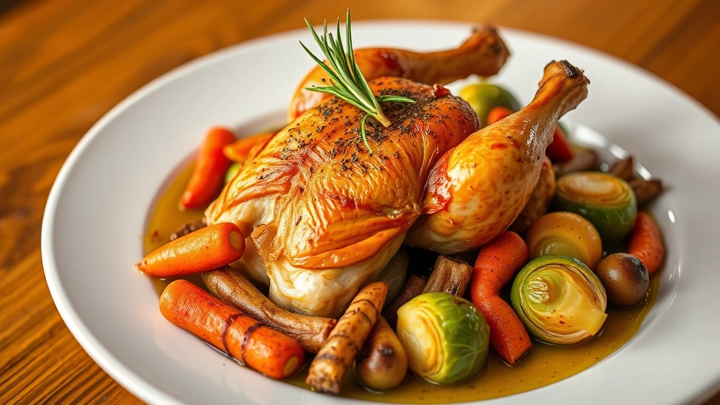 Plated cornish game hen with roasted root vegetables including baby carrots, parsnips, and Brussels sprouts, garnished with fresh rosemary, restaurant-style presentation, warm golden lighting