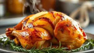 Golden-brown roasted Cornish hen with crispy skin glistening with butter, fresh thyme and rosemary sprigs scattered around, steam rising, professional food photography, warm kitchen lighting