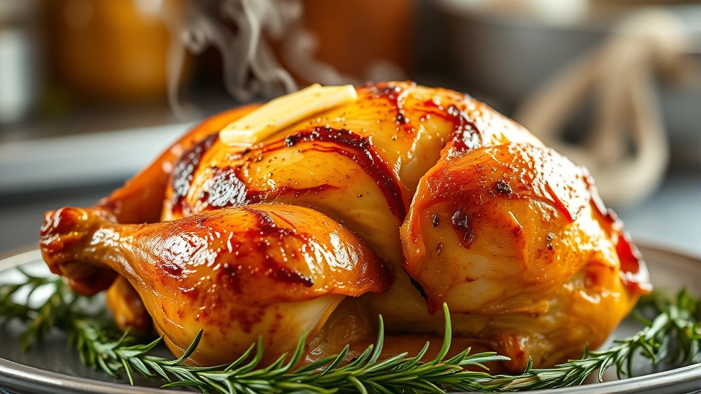 Golden-brown roasted Cornish hen with crispy skin glistening with butter, fresh thyme and rosemary sprigs scattered around, steam rising, professional food photography, warm kitchen lighting