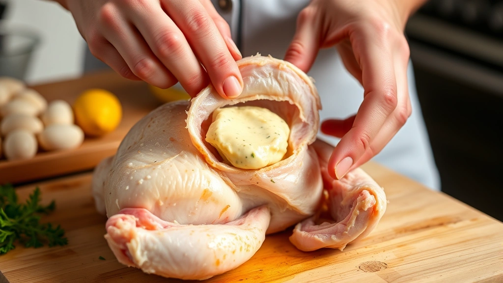 Hands carefully separating skin from Cornish hen breast to insert compound herb butter, close-up detail shot, kitchen counter setting, natural daylight, step-by-step cooking demonstration