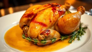 Close-up of a golden-brown roasted Cornish hen on a white plate, glistening with pan juices, fresh thyme sprigs beside it, warm restaurant lighting